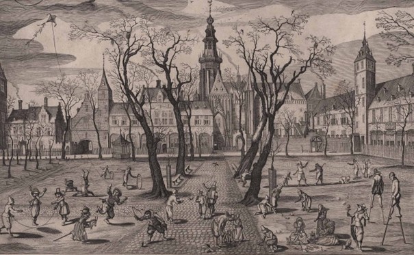 Kontekst dla archeologii miast: rycina przedstawiająca życie na rynku niderlandzkiego miasta, gdzie młodzież często oddawała się grom zręcznościowym.