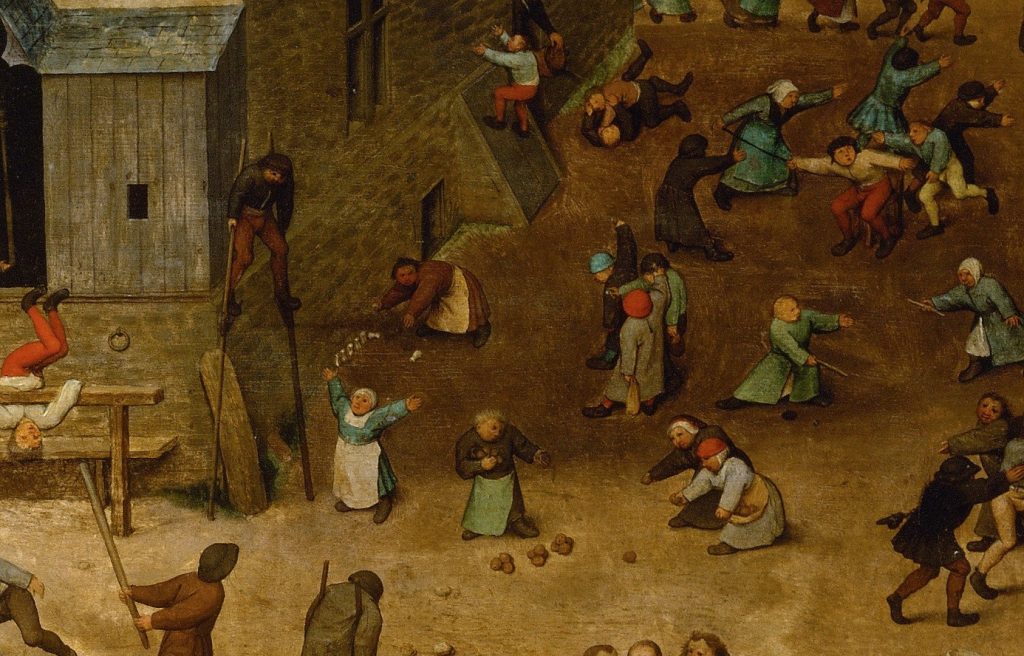 Zbliżenie na detal obrazu Bruegla: postacie grające w kooten, stanowiące ważne źródło dla archeologii historycznej zajmującej się rozrywką.