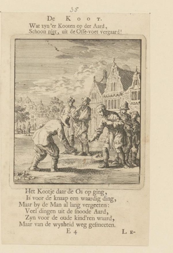 Twee jongens spelen het kootspel, Jan Luyken, (1712 r.), Rijksmuseum, Amsterdam