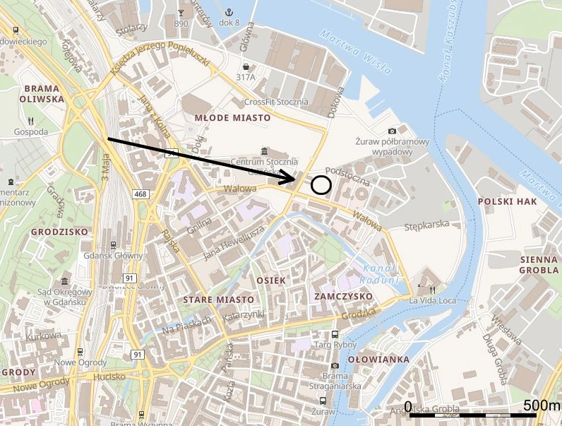 Mapa Gdańska z zaznaczonym obszarem przy ulicy Wałowej 35, gdzie prowadzone są profesjonalne badania archeologiczne w pobliżu Stoczni i Starego Miasta.