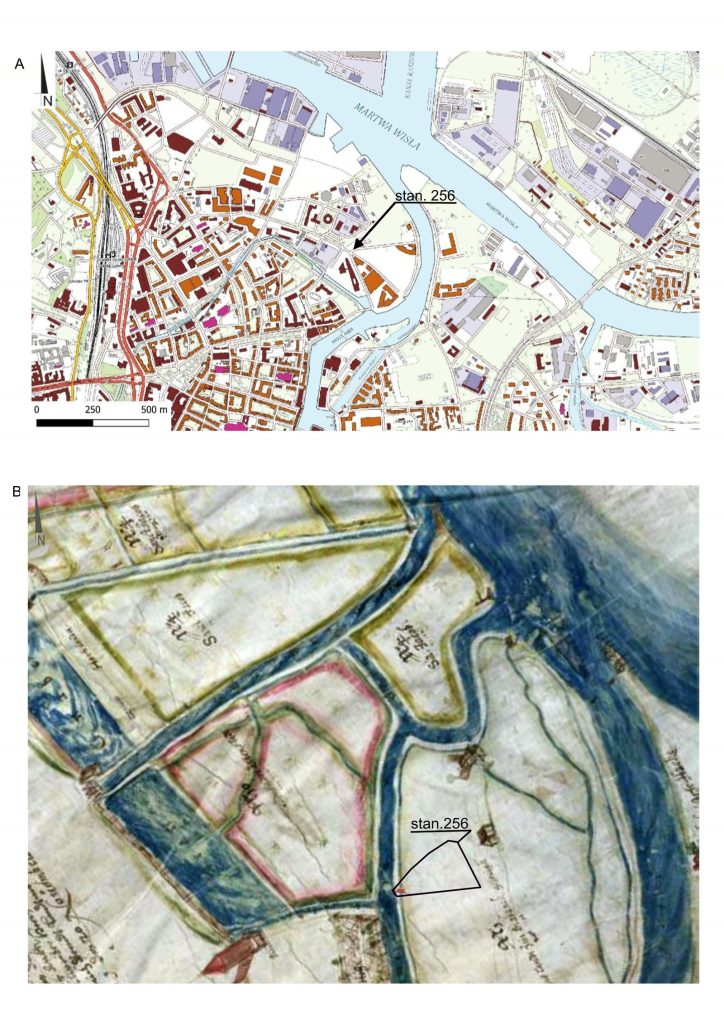 Lokalizacja stanowiska Gdańsk 256 przy ul. Stępkarskiej na mapie i planie Berndta z 1601 r.