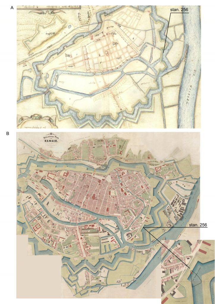 Lokalizacja wraku na historycznych planach Gdańska - twierdza H. Tomme i plan D. Buhsego