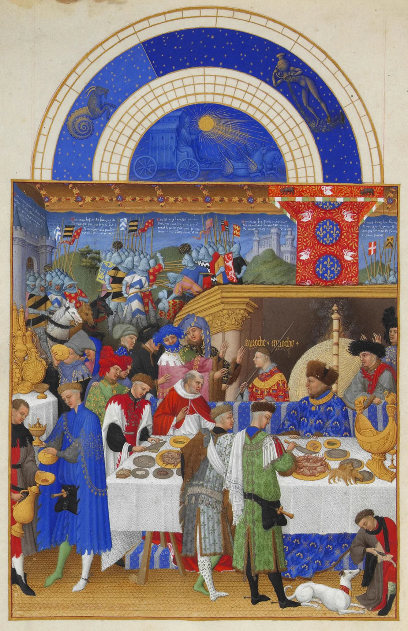 Sztylet typu bollock noszony u pasa, miniatura Styczeń z Très Riches Heures, około 1412 do 1416