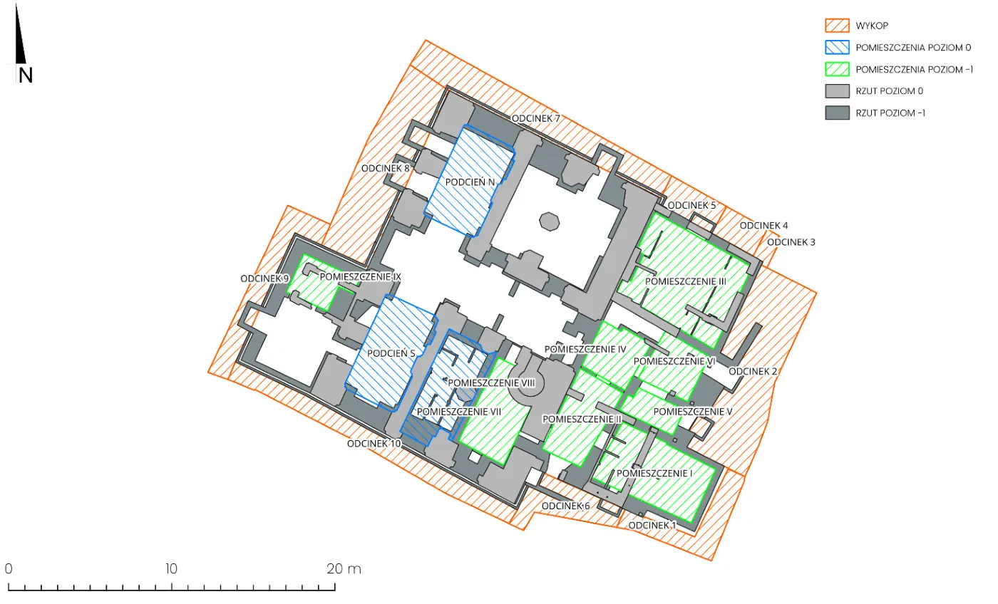 Plan Ratusza Staromiejskiego w Malborku z podziałem terenu badań archeologicznych na dziesięć odcinków wykopów